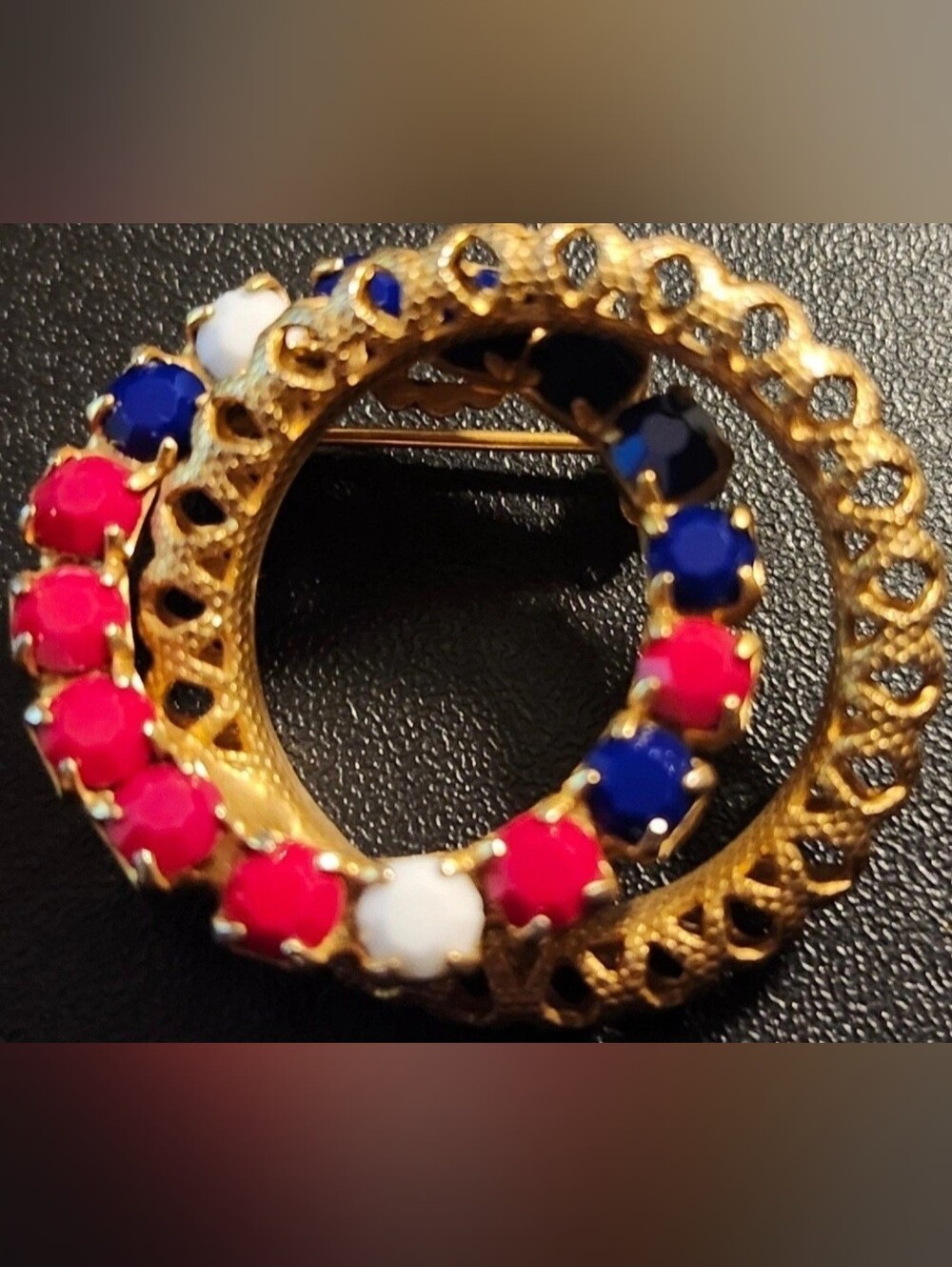 Vintage 1960s Patriotic Red White & Blue Rhinestone Double Circle Brooch